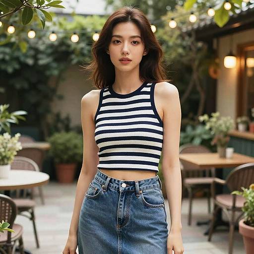 Photograph of an Asian woman with wavy brown hair, wearing a black and white striped crop top and high-waisted blue jeans, standing in