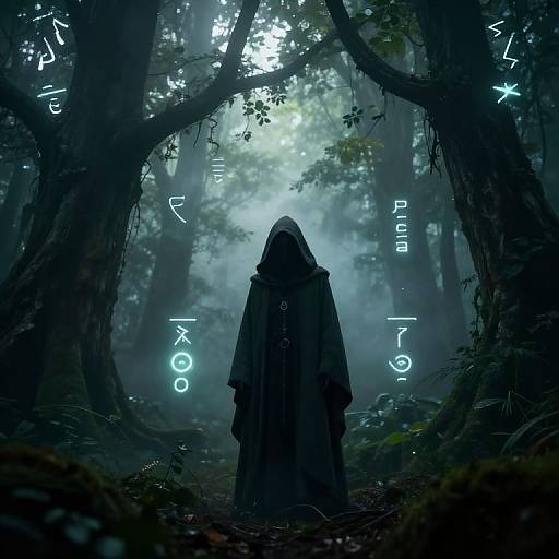 Mysterious hooded figure in dark cloak stands in moonlit, misty forest with glowing, ethereal runes on tall trees. Digital art.
