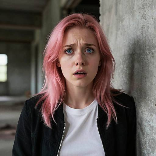 Scared Young Woman with Pink Hair