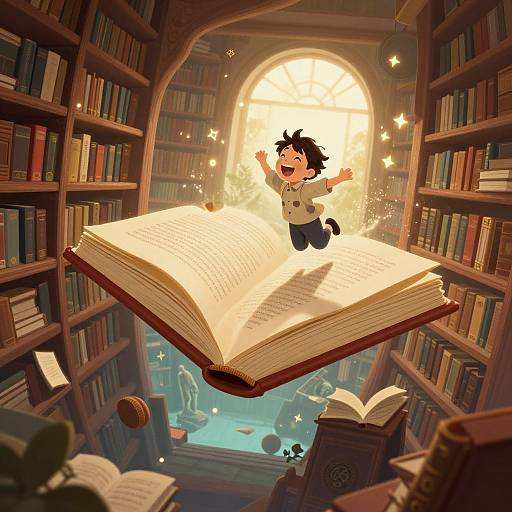 Digital illustration of a joyful, black-haired boy with open arms jumping on a magical, glowing open book in a wooden library.