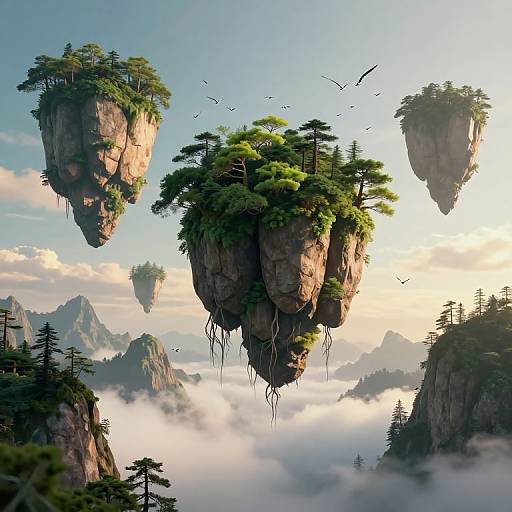 Fantasy CGI image of floating rock islands with lush green trees, surrounded by misty mountains, clouds, and flying birds.