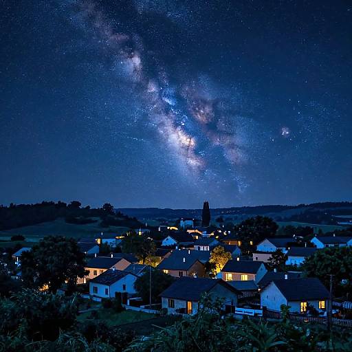 Twilight Village Beneath Cosmic Nebula