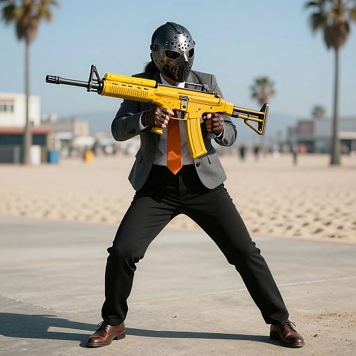 Photograph of a masked man in a gray suit, black pants, and brown shoes, holding a yellow assault rifle, standing in a beachfront area