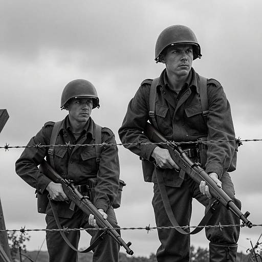 Intense WWII Soldiers Behind Barbed Wire