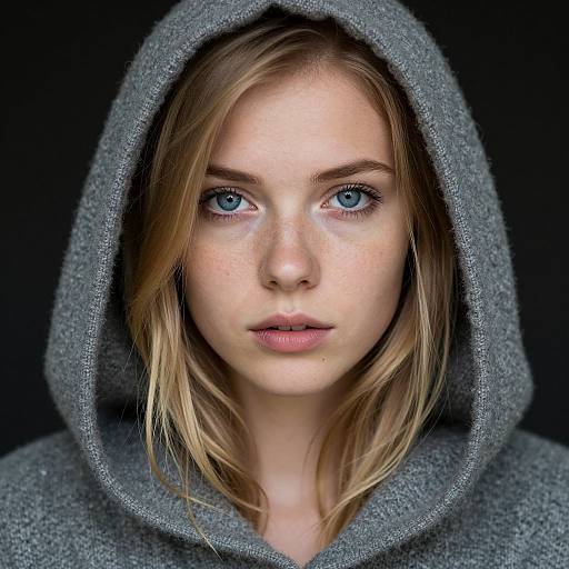 Photograph of a young woman with blue eyes, fair skin, and freckles, wearing a gray hooded sweater, against a black background.