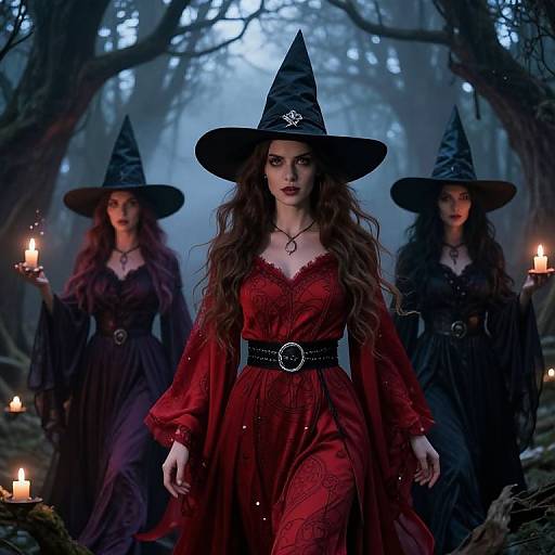 Enchanting Crimson Witch in Mystical Forest