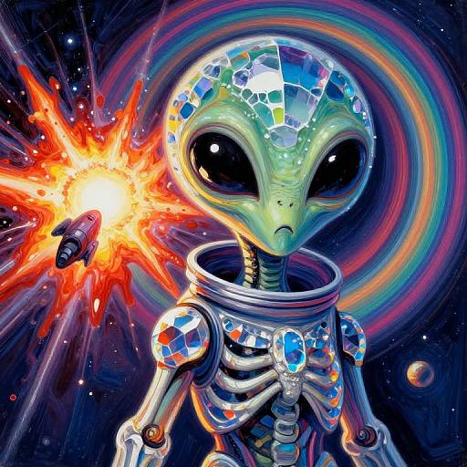 Digital artwork of an alien with large, black eyes, green skin, and mosaic-patterned armor, emitting a bright explosion from its shoulder, set against