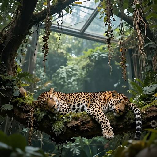 Photograph of a spotted leopard lounging on a moss-covered branch in a lush, sunlit, glass-enclosed jungle exhibit.