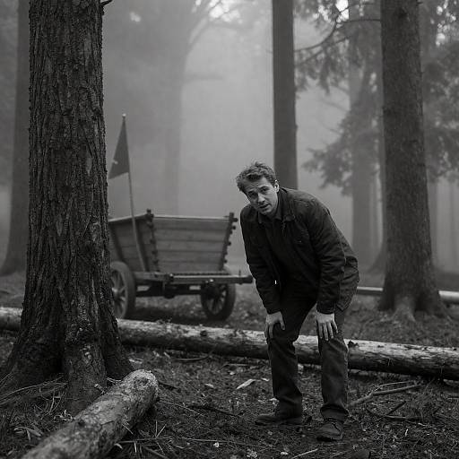 Man Bending Forward in Misty Forest