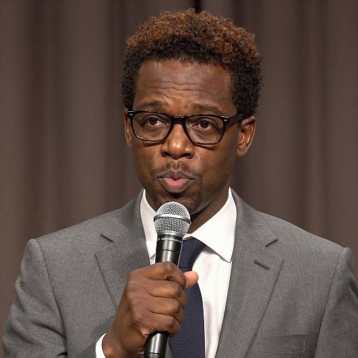 Confident Speaker in a Grey Suit