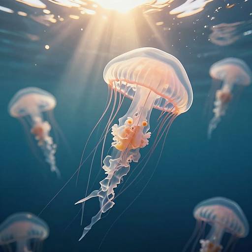 Photograph of glowing, pink-orange jellyfish with translucent bell and long, flowing tentacles floating in a deep blue underwater ocean, illuminated by sunlight from
