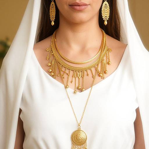 Photograph of a woman in a white dress with a white veil, wearing gold earrings and intricate gold necklaces with dangling chains.