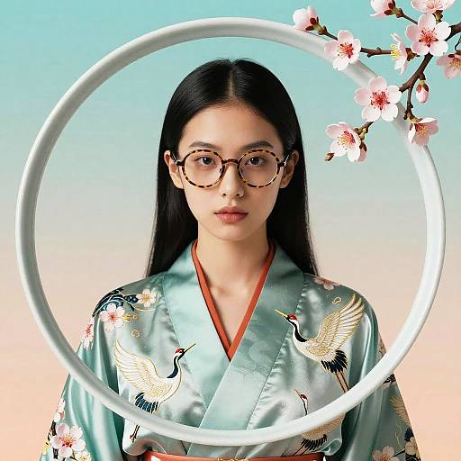 Stylized Portrait of Woman in Silk Kimono with Porcelain Frame