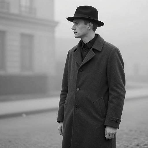 Black and White Portrait of Man in Hat and Coat