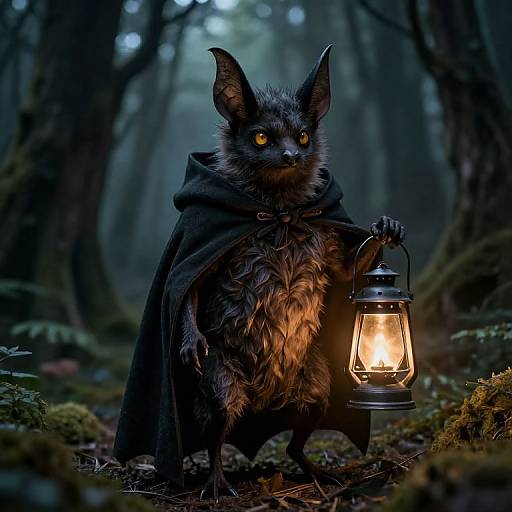 Digital artwork of a furry, bat-like creature with glowing yellow eyes, wearing a dark cloak, holding a lit lantern in a misty forest.