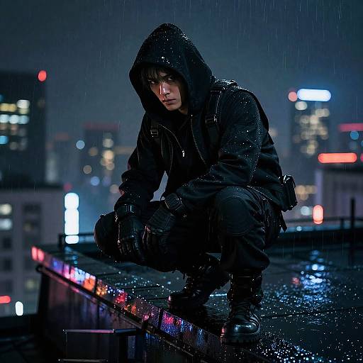 Night cityscape photograph of a hooded, rain-soaked young man crouching on a wet rooftop, surrounded by blurred, neon-lit buildings