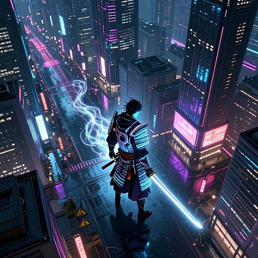 Digital anime artwork of a neon-lit, cyberpunk city. Silhouetted warrior with glowing blue aura and katana stands on a wet street