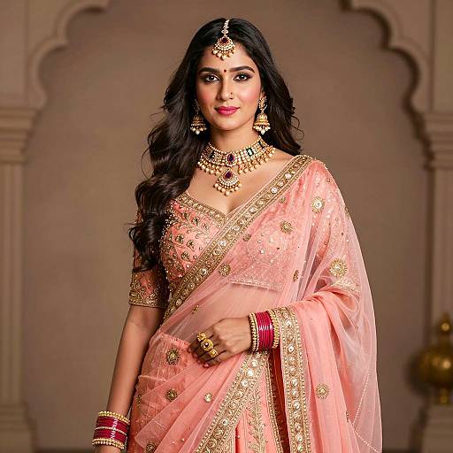 Indian Woman in Salmon Pink Saree with Gold Embroidery
