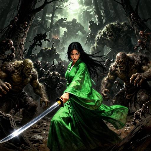 Digital art: Dark forest battle, fierce Asian woman in green kimono wields sword, surrounded by monstrous, shadowy creatures, moonlight filtering through
