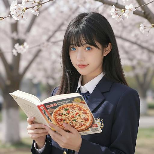 Asian Schoolgirl Reading Book Outdoors
