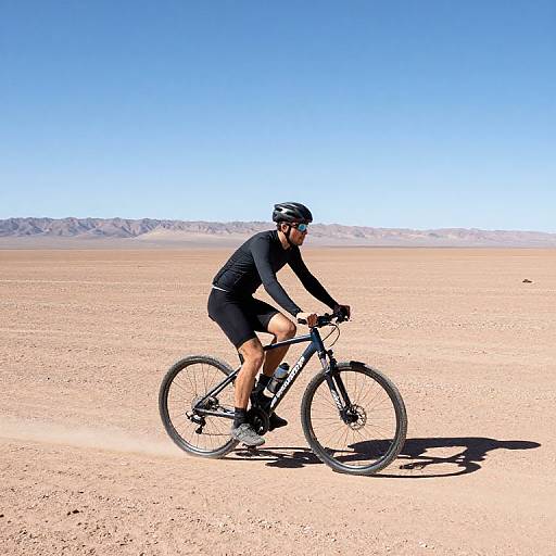 Photograph of a man in black cycling gear riding a mountain bike on a barren, sandy desert with clear blue sky and distant mountains.