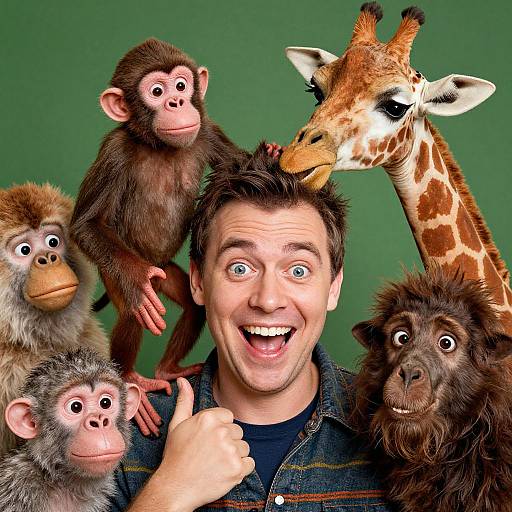 Cheerful Man with Playful Animal Faces