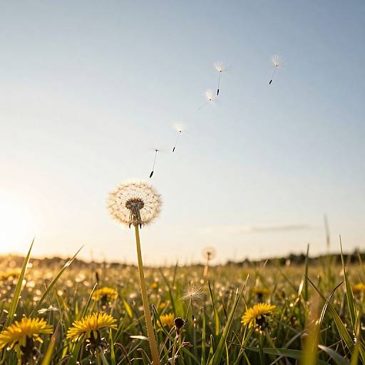 Photograph of a sunlit field with a dandelion blowing seeds, surrounded by yellow daisies, under a clear blue sky.