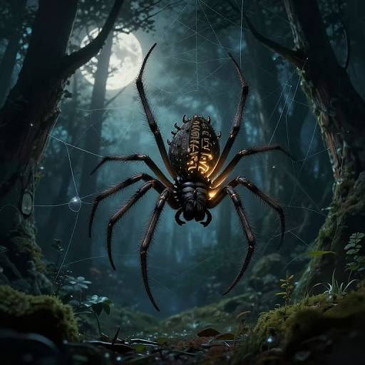 Digital artwork of a glowing, menacing spider with orange abdomen, hanging in a dark, misty forest, illuminated by moonlight.