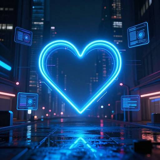 Neon Blue Heart in Cyberpunk City