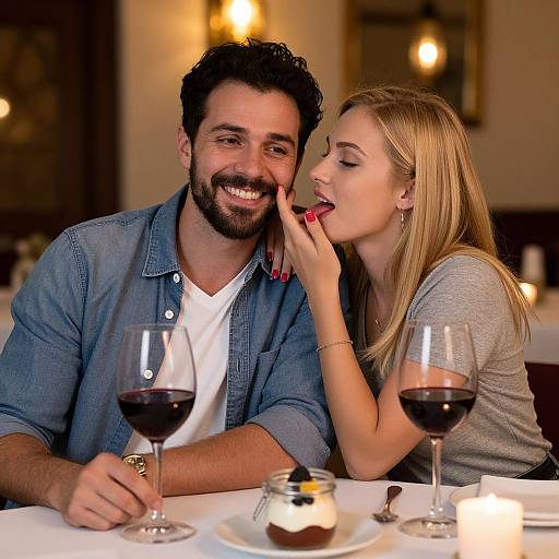 Photograph of a smiling bearded man in a denim shirt and a blonde woman with her finger in his mouth, both holding wine glasses, at a