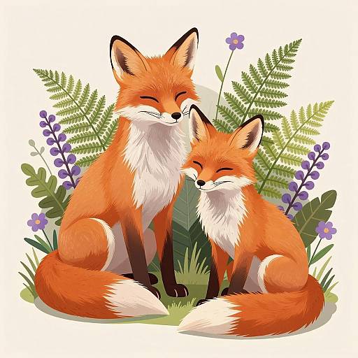 Illustration of Two Foxes with Ferns and Flowers