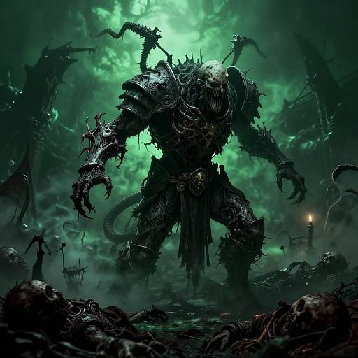 Digital art of a grotesque, armored demon with spiked armor, glowing green eyes, and twisted limbs, surrounded by skulls and dark, eerie fog.
