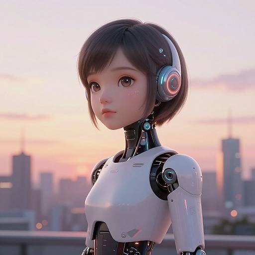 Digital CGI of a cute, young female android with short black hair, large eyes, and white robotic arms, wearing headphones, against a sunset cityscape