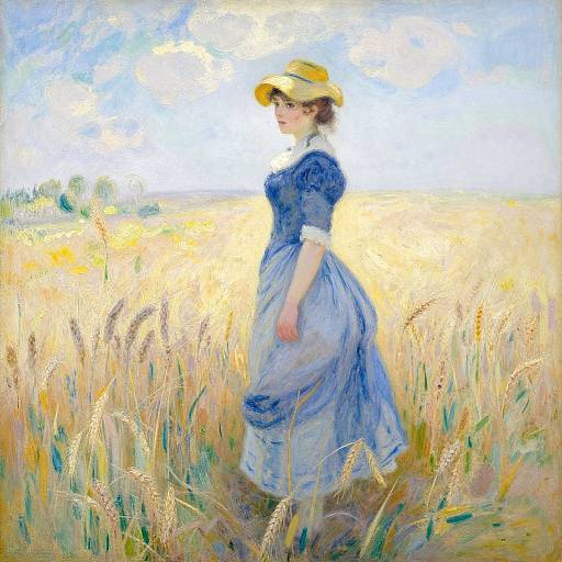 Impressionist painting of a woman in a blue dress and yellow hat standing in a sunlit wheat field, looking to the side.