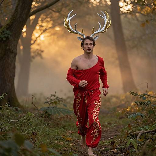 Photograph of a man with large, glowing antlers, bare-chested, wearing red off-shoulder pants with gold patterns, running through a