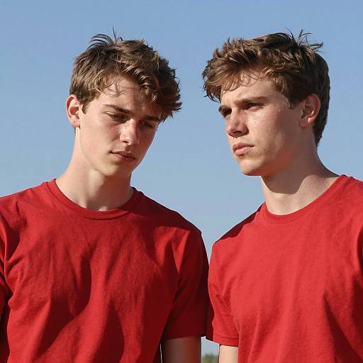 Young Men in Red Shirts Under Blue Sky