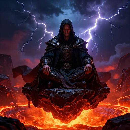 Digital artwork of a hooded, armored figure sitting on a rock amid fiery lava, with vivid lightning illuminating the stormy sky.