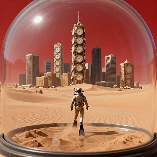 Photorealistic CGI: astronaut in scuba gear stands in a sand desert city with clock-faced skyscrapers, enclosed in a clear dome.