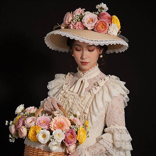 Victorian woman in lace dress and wide-brimmed hat adorned with pink and yellow flowers, holding matching bouquet, black background. Photographic realism.