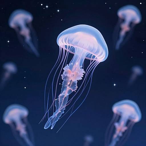 Photograph of glowing blue jellyfish with translucent, bell-shaped bodies and long, flowing tentacles against a dark, starry ocean background.
