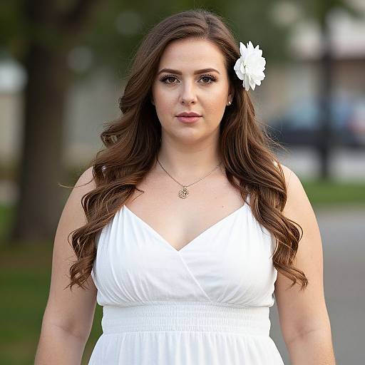 Photograph of a curvy woman with long, wavy brown hair, wearing a white, V-neck dress and a white flower in her hair,
