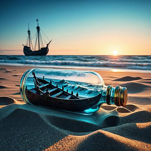 Viking Ship in a Glass Bottle at Sunset