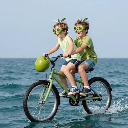 Whimsical Children Riding Olive-Goggle Bicycle