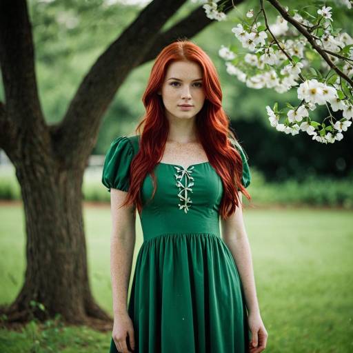 Red-haired Woman in Green Dress Outdoors