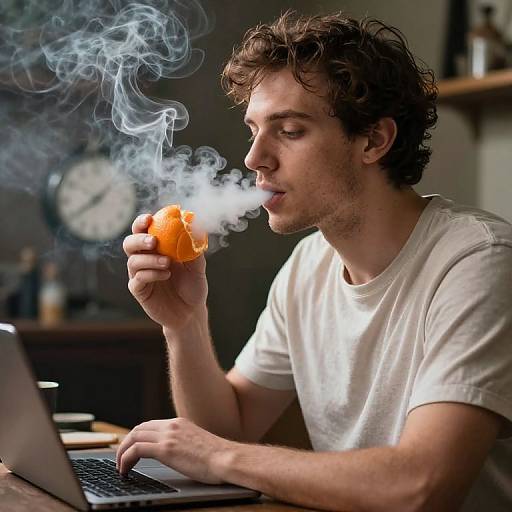 Photograph of a young man with curly brown hair, white t-shirt, smoking from an orange slice near an open laptop.