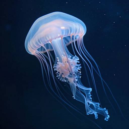 Photograph of a glowing, translucent jellyfish with long, flowing tentacles against a dark blue, star-speckled ocean background.
