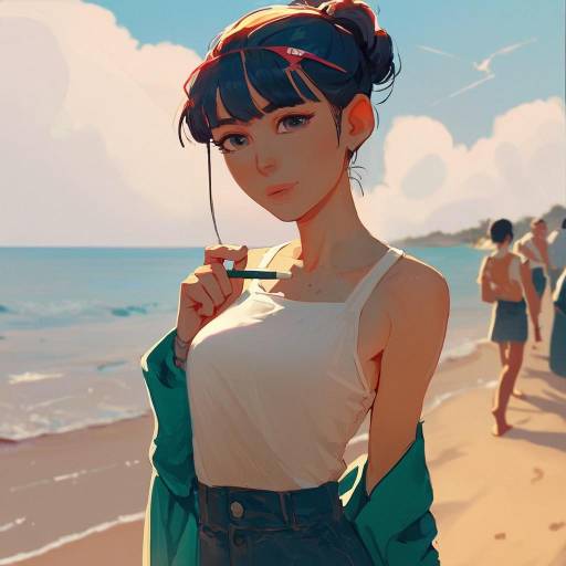 Chalk Pastel Beach Woman in Anime Style