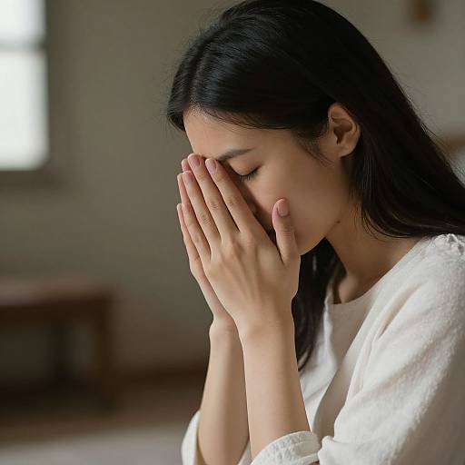 Photograph of a young Asian woman with long black hair, closed eyes, and white blouse, hands raised in a praying gesture, in a softly lit
