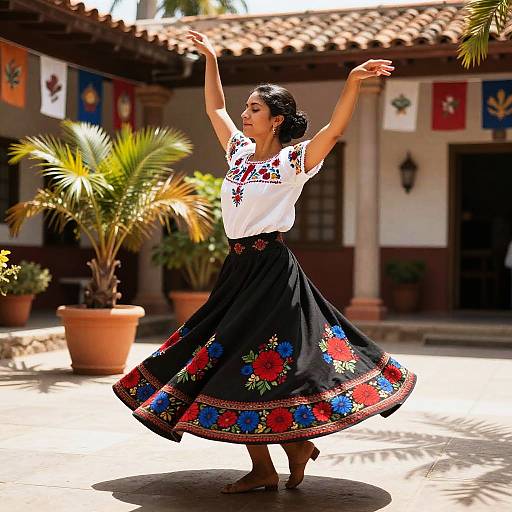 Photograph of a Latina woman dancing in a sunny courtyard, wearing a white embroidered blouse and black skirt with vibrant floral patterns, arms raised, surrounded by