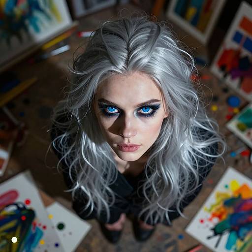 Digital artwork of a woman with striking blue eyes, silver wavy hair, and intense gaze, surrounded by colorful abstract paintings in a dimly lit studio